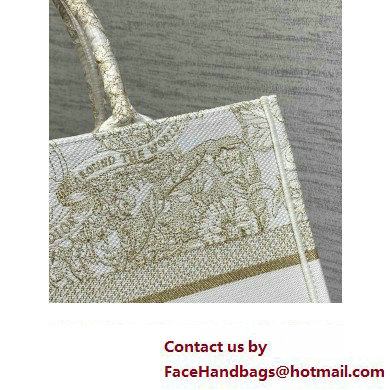 Dior Medium Book Tote Bag in Gold-tone and White Butterfly Around The World Embroidery