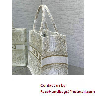 Dior Medium Book Tote Bag in Gold-tone and White Butterfly Around The World Embroidery