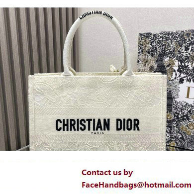 Dior Medium Book Tote Bag in White D-Lace Butterfly Embroidery 2024