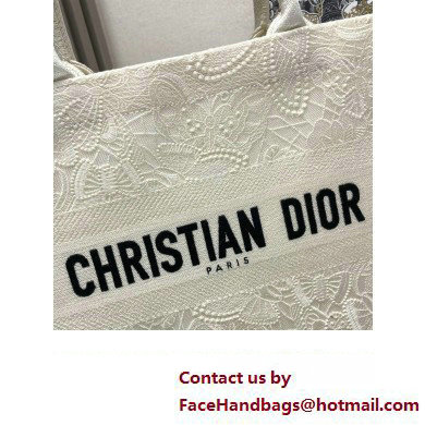 Dior Medium Book Tote Bag in White D-Lace Butterfly Embroidery 2024