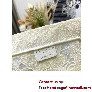 Dior Medium Book Tote Bag in White D-Lace Butterfly Embroidery 2024