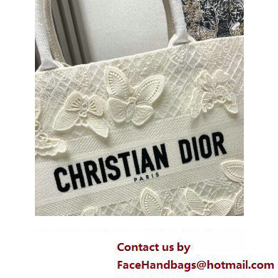 Dior Medium Book Tote Bag in White D-Lace Butterfly Embroidery with 3D Macrame Effect 2024