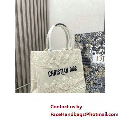 Dior Medium Book Tote Bag in White D-Lace Butterfly Embroidery with 3D Macrame Effect 2024