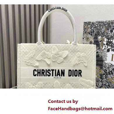 Dior Medium Book Tote Bag in White D-Lace Butterfly Embroidery with 3D Macrame Effect 2024