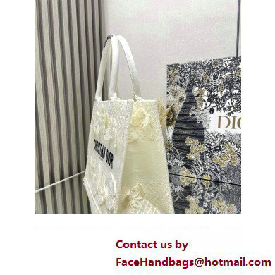 Dior Medium Book Tote Bag in White D-Lace Butterfly Embroidery with 3D Macrame Effect 2024