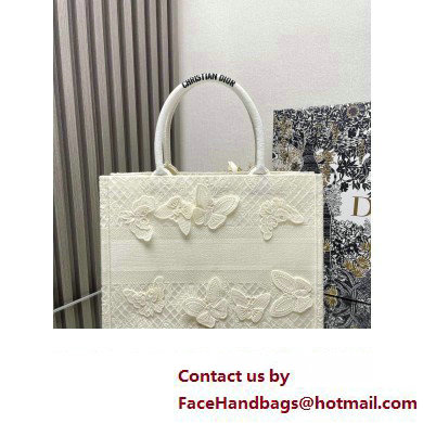 Dior Medium Book Tote Bag in White D-Lace Butterfly Embroidery with 3D Macrame Effect 2024