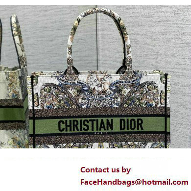 Dior Medium Book Tote Bag in White and Green Butterfly Around The World Embroidery