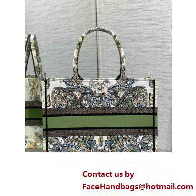 Dior Medium Book Tote Bag in White and Green Butterfly Around The World Embroidery