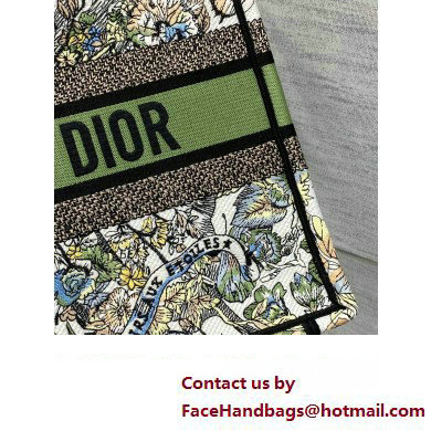 Dior Medium Book Tote Bag in White and Green Butterfly Around The World Embroidery