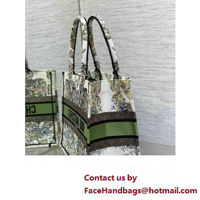 Dior Medium Book Tote Bag in White and Green Butterfly Around The World Embroidery