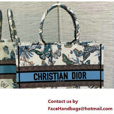 Dior Medium Book Tote Bag in White and Pastel Midnight Blue Toile de Jouy Mexico Embroidery