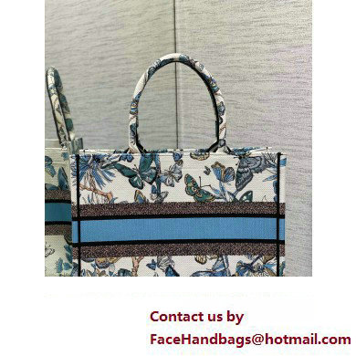 Dior Medium Book Tote Bag in White and Pastel Midnight Blue Toile de Jouy Mexico Embroidery