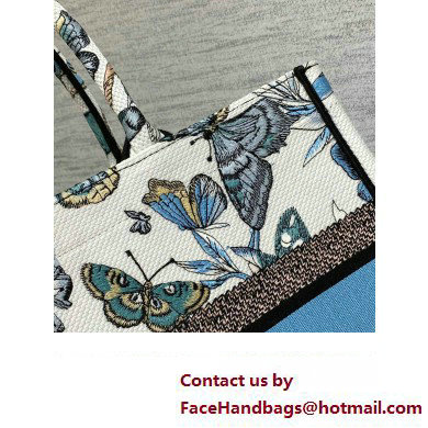 Dior Medium Book Tote Bag in White and Pastel Midnight Blue Toile de Jouy Mexico Embroidery