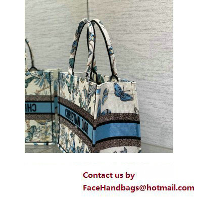 Dior Medium Book Tote Bag in White and Pastel Midnight Blue Toile de Jouy Mexico Embroidery