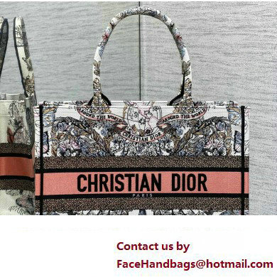 Dior Medium Book Tote Bag in White and Pastel Pink Butterfly Around The World Embroidery - Click Image to Close