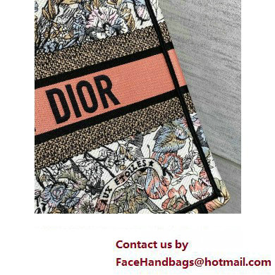 Dior Medium Book Tote Bag in White and Pastel Pink Butterfly Around The World Embroidery