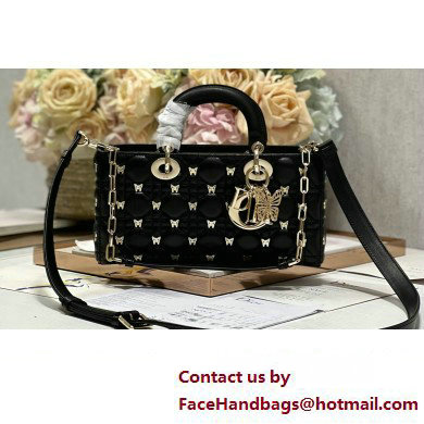 Dior Medium Lady D-Joy Bag in Black Cannage Lambskin with Gold-Finish Butterfly Studs 2024