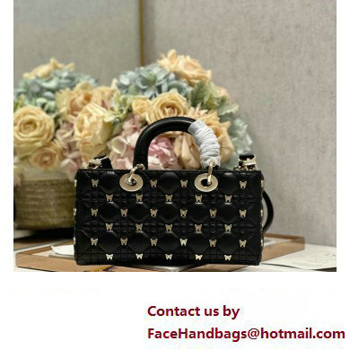 Dior Medium Lady D-Joy Bag in Black Cannage Lambskin with Gold-Finish Butterfly Studs 2024