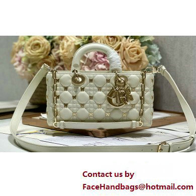 Dior Medium Lady D-Joy Bag in White Cannage Lambskin with Gold-Finish Butterfly Studs 2024 - Click Image to Close