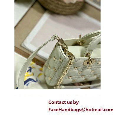 Dior Medium Lady D-Joy Bag in White Cannage Lambskin with Gold-Finish Butterfly Studs 2024