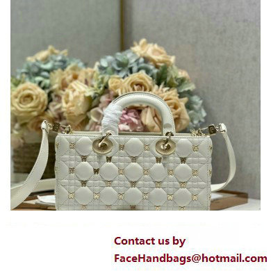 Dior Medium Lady D-Joy Bag in White Cannage Lambskin with Gold-Finish Butterfly Studs 2024