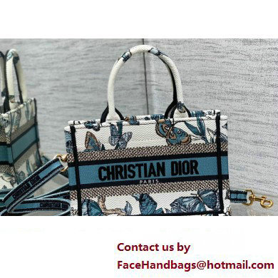 Dior Mini Dior Book Tote Bag with Strap in White and Pastel Midnight Blue Toile de Jouy Mexico Embroidery