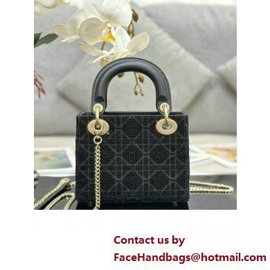 Dior Mini Lady Dior Bag in Black Cannage Cotton with Micropearl Embroidery