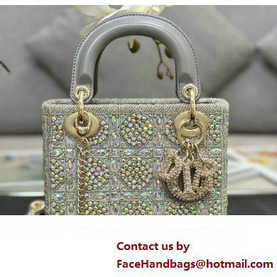 Dior Mini Lady Dior Bag in Gray Smooth Calfskin and Satin with Bead Embroidery