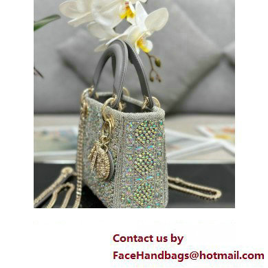 Dior Mini Lady Dior Bag in Gray Smooth Calfskin and Satin with Bead Embroidery