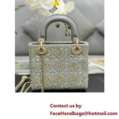 Dior Mini Lady Dior Bag in Gray Smooth Calfskin and Satin with Bead Embroidery