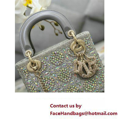 Dior Mini Lady Dior Bag in Gray Smooth Calfskin and Satin with Bead Embroidery