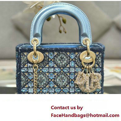 Dior Mini Lady Dior Bag in Metallic Calfskin and Satin with Celestial Blue Bead Embroidery