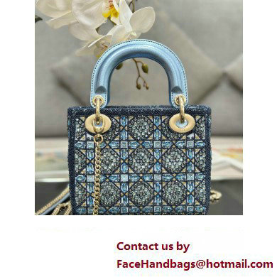 Dior Mini Lady Dior Bag in Metallic Calfskin and Satin with Celestial Blue Bead Embroidery