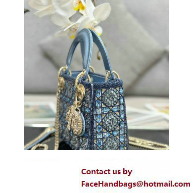 Dior Mini Lady Dior Bag in Metallic Calfskin and Satin with Celestial Blue Bead Embroidery