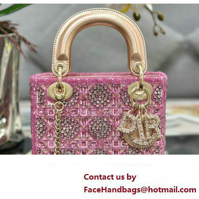 Dior Mini Lady Dior Bag in Metallic Calfskin and Satin withRose Des Vents Resin Pearl Embroidery - Click Image to Close