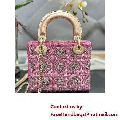 Dior Mini Lady Dior Bag in Metallic Calfskin and Satin withRose Des Vents Resin Pearl Embroidery