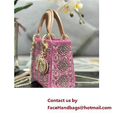 Dior Mini Lady Dior Bag in Metallic Calfskin and Satin withRose Des Vents Resin Pearl Embroidery