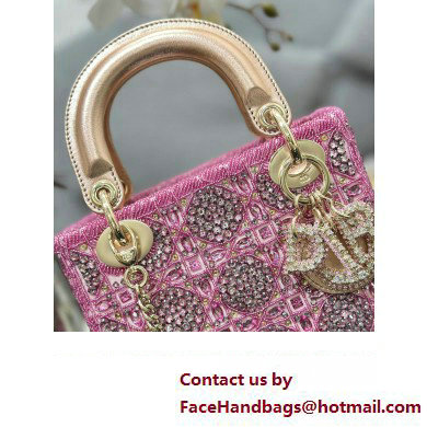 Dior Mini Lady Dior Bag in Metallic Calfskin and Satin withRose Des Vents Resin Pearl Embroidery