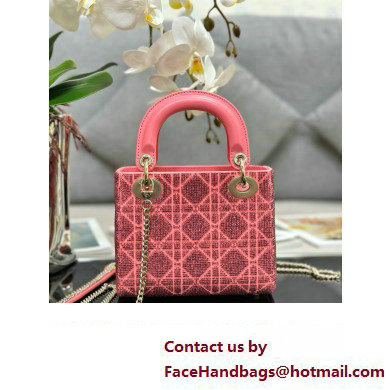 Dior Mini Lady Dior Bag in Pink Cannage Cotton with Micropearl Embroidery