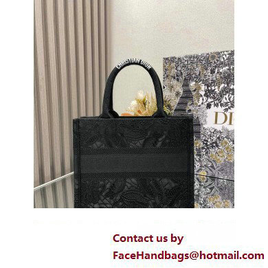 Dior Small Book Tote Bag in Black D-Lace Butterfly Embroidery 2024