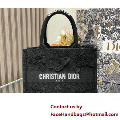 Dior Small Book Tote Bag in Black D-Lace Butterfly Embroidery with 3D Macrame Effect 2024