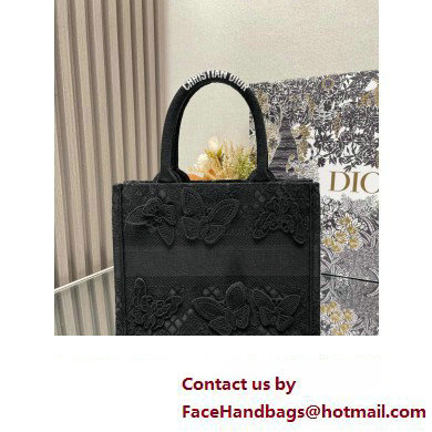 Dior Small Book Tote Bag in Black D-Lace Butterfly Embroidery with 3D Macrame Effect 2024