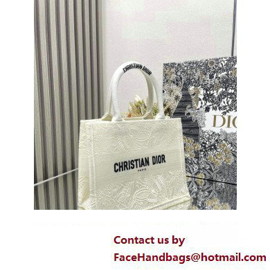 Dior Small Book Tote Bag in White D-Lace Butterfly Embroidery 2024