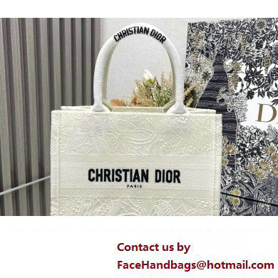 Dior Small Book Tote Bag in White D-Lace Butterfly Embroidery 2024