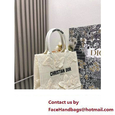 Dior Small Book Tote Bag in White D-Lace Butterfly Embroidery with 3D Macrame Effect 2024