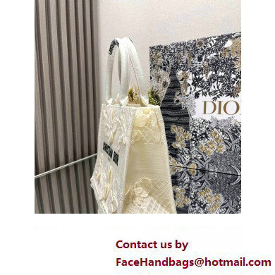 Dior Small Book Tote Bag in White D-Lace Butterfly Embroidery with 3D Macrame Effect 2024