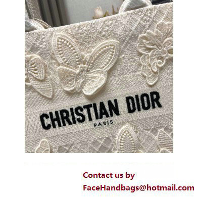 Dior Small Book Tote Bag in White D-Lace Butterfly Embroidery with 3D Macrame Effect 2024