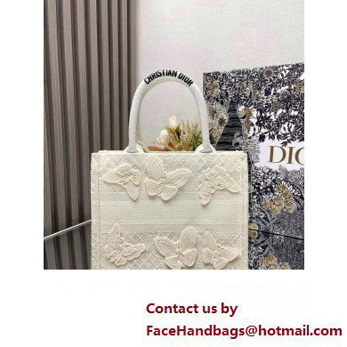 Dior Small Book Tote Bag in White D-Lace Butterfly Embroidery with 3D Macrame Effect 2024