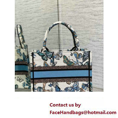 Dior Small Book Tote Bag in White and Pastel Midnight Blue Toile de Jouy Mexico Embroidery