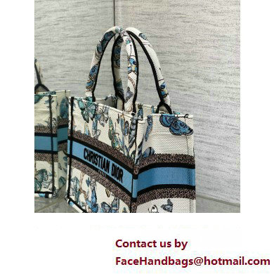 Dior Small Book Tote Bag in White and Pastel Midnight Blue Toile de Jouy Mexico Embroidery